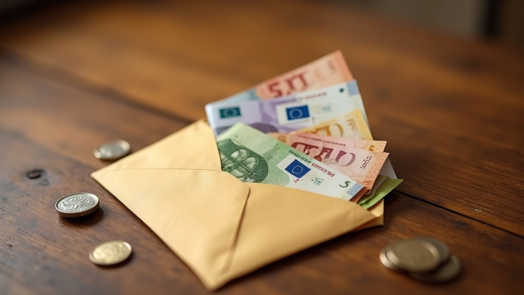 Atidarytas vokas su eurų banknotais ir monetomis