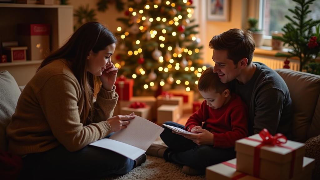 Šeima prie eglės su dovanomis, visi nusisuka, skaičiuoja pinigus ir sąrašus